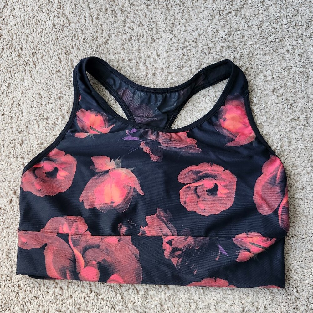 Victoria Secret Racer back Sports Bra Low Impact Black Floral Rose M